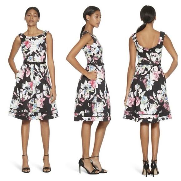 White House Black Market WHBM Fallie Firl A Line Black Floral Midi Dress 2 - Picture 1 of 9